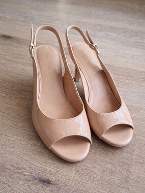 Kelly & Katie Patent Nude Peep-Toe Slingback Heels
